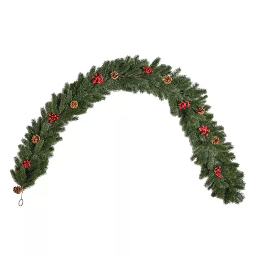 Karácsonyi fenyőgirland 190 cm műfenyő girland tobozokkal és piros bogyókkal, beltérre és kültérre