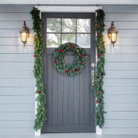   Karácsonyi fenyőgirland 190 cm műfenyő girland tobozokkal és piros bogyókkal, beltérre és kültérre