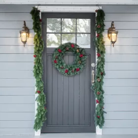   Karácsonyi fenyőgirland 190 cm műfenyő girland tobozokkal és piros bogyókkal, beltérre és kültérre