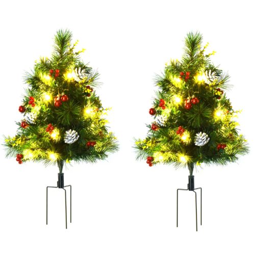 2 darabos mini műfenyő szett LED világítással, díszített, 75 cm magas, zöld színben