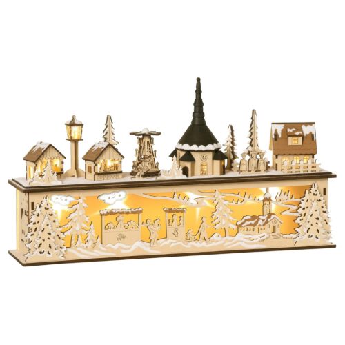 Fa karácsonyi falu LED-világítással 45x10x25 cm meleg fehér fény, natúr fa dekoráció