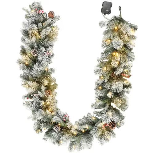 Világító karácsonyi girland 183 cm hosszú 50 LED-del, havas ágakkal, tobozokkal és bogyókkal