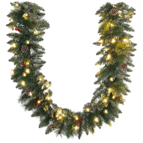 Világító karácsonyi girland 180 cm hosszú 50 LED-del, piros bogyókkal és havas tobozokkal