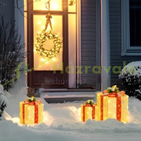   3 részes karácsonyi ajándékdoboz szett beltéri és kültéri dekorációhoz, 58 LED fényekkel, arany színben