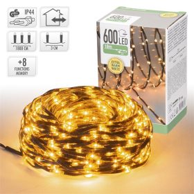   Karácsonyi fényfüzér vezetékbe épített LED-el 18 m fénylánc 600 LED, meleg fehér, 8 funkcióval