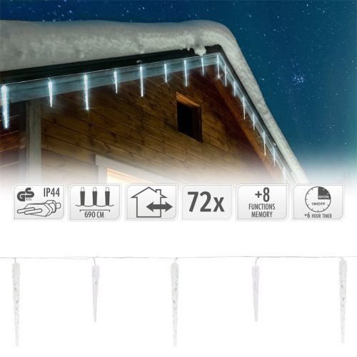 Christmas Lighting LED Icicle String Lights Cold White, 72 LEDs, 8 Light Modes with Timer, Outdoor Decoration