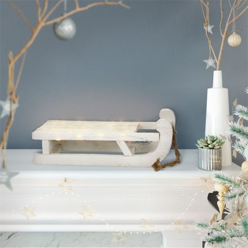 Illuminated sleigh decoration white with 25 warm white LEDs 31.5x14.5x10.5 cm wooden Christmas decoration