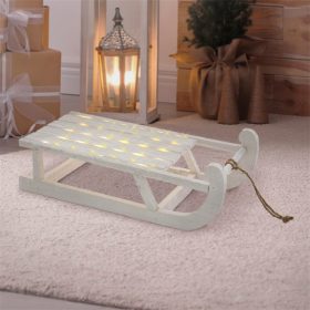   Világító szánkó dekoráció fehér, meleg fehér LED-del 50,5x13,5x23,5 cm fából készült karácsonyi dekoráció