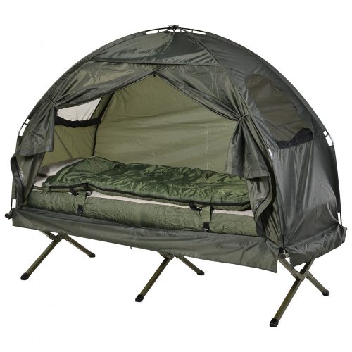 Folding single camping bed with tent with sleeping bag and mattress