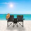 Folding double camping chair with drink holder and cooler bag two-person fishing chair