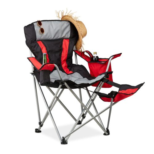 Folding camping chair with footrest, metal frame fishing chair with built-in drink holder and cooler bag 