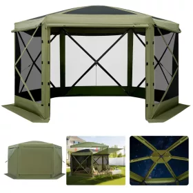   Pop-up kemping pavilon sátor 3,6x3,6 m 6 oldalú party sátor 8–10 fő részére, zöld színben