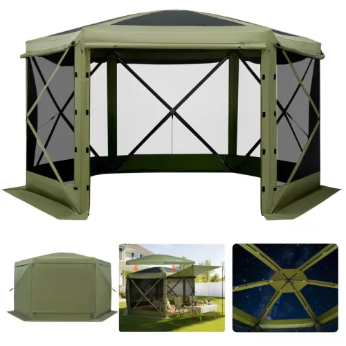 Pop-up kemping pavilon sátor 3,6x3,6 m 6 oldalú party sátor 8–10 fő részére, zöld színben