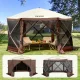 Pop-up kemping pavilon sátor 3,5x3,5 m 6 oldalú szúnyoghálós party sátor 7 fő részére, barna színben