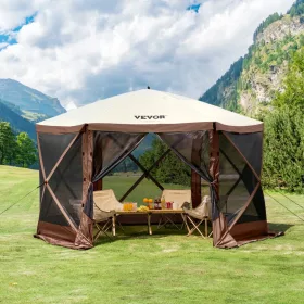  Pop-up kemping pavilon sátor 3,5x3,5 m 6 oldalú szúnyoghálós party sátor 7 fő részére, barna színben