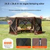 Pop-up kemping pavilon sátor 3,5x3,5 m 6 oldalú szúnyoghálós party sátor 7 fő részére, barna színben