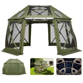   Pop-up pavilon, 3,96 x 3,96 m, 13 oldalú, gömb alakú kempingsátor levehető tetővel és hordtáskával, 360°-os szellőzés, napvédelem, partisátor 10-12 fő részére, zöld