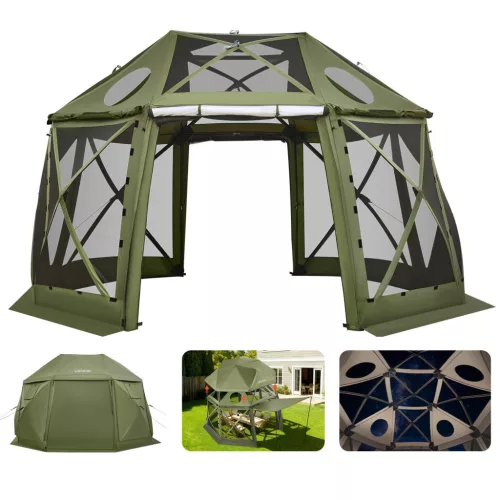 Pop-up pavilon, 3,96 x 3,96 m, 13 oldalú, gömb alakú kempingsátor levehető tetővel és hordtáskával, 360°-os szellőzés, napvédelem, partisátor 10-12 fő részére, zöld
