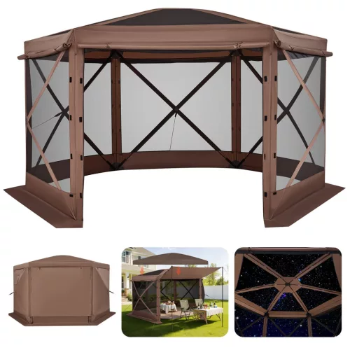felnyitható pavilon, 3,6 x 3,6 m, 6 oldalas kemping sátor levehető tetővel és hordtáskával, napellenző 8-10 fő részére, parti sátor kertbe és teraszra, barna