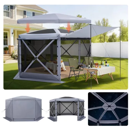 Pop-up kemping pavilon 3,6x3,6x2,2 m 6 oldalú party sátor 8-10 fő részére, szürke színben
