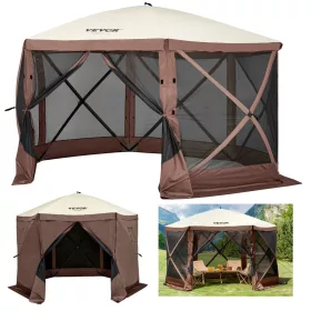   Pavilion Sátor, 3,6 x 3,6 m, 6 oldalas felnyitható kempingponyva hálós ablakokkal, hordozható hordtáska, talajcövekek, nagy árnyékoló sátrak kültéri kempingezéshez, gyepre és hátsó udvarba