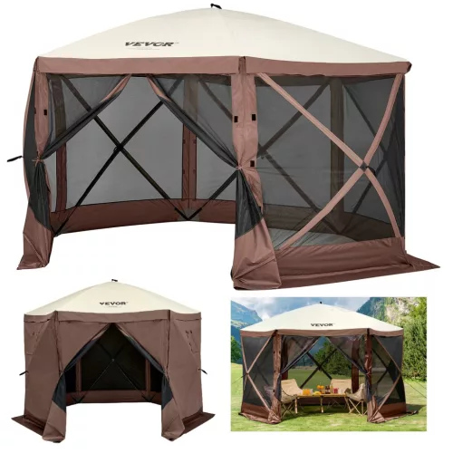 Pavilion Sátor, 3,6 x 3,6 m, 6 oldalas felnyitható kempingponyva hálós ablakokkal, hordozható hordtáska, talajcövekek, nagy árnyékoló sátrak kültéri kempingezéshez, gyepre és hátsó udvarba