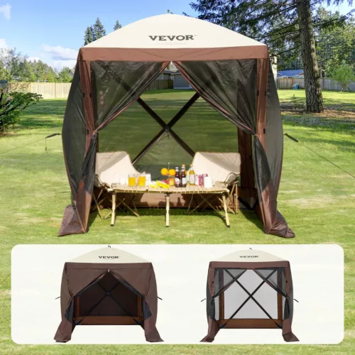 Pop-up kemping pavilon sátor 1,83x1,83 m 4 oldalú szúnyoghálós party sátor 2 fő részére, barna
