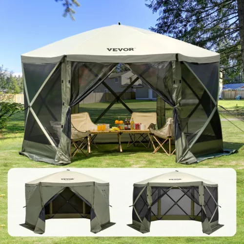 Pop-up kemping pavilon sátor 3,66x3,66 m 6 oldalú szúnyoghálós party sátor 8 fő részére, army zöld