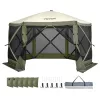 Pop-up kemping pavilon sátor 3,66x3,66 m 6 oldalú szúnyoghálós party sátor 8 fő részére, army zöld