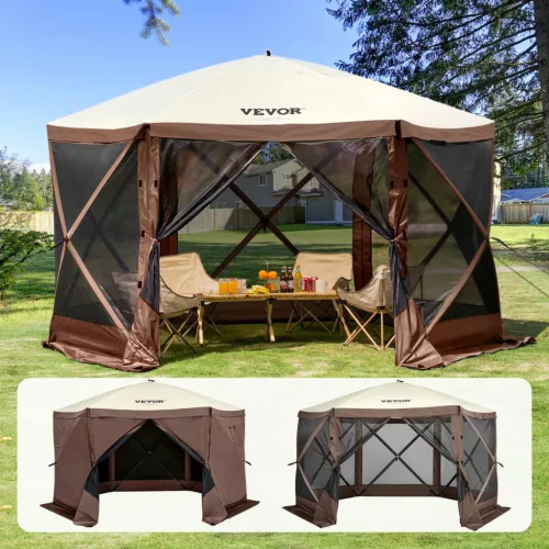 Pop-up kemping pavilon sátor 3,81x3,81 m 6 oldalú szúnyoghálós party sátor 8 fő részére, barna