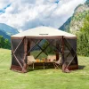 Pop-up kemping pavilon sátor 3,81x3,81 m 6 oldalú szúnyoghálós party sátor 8 fő részére, barna