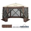 Pop-up kemping pavilon sátor 3,81x3,81 m 6 oldalú szúnyoghálós party sátor 8 fő részére, barna