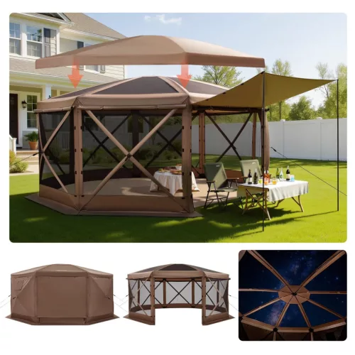 Pop-up kemping pavilon 4,57x4,57 m 8 oldalú party sátor 12–15 fő részére, barna színben