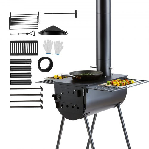 Hordozható fatüzelésű kemping kemence nagy kapacitású kültéri kályha BBQ funkcióval 