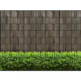   Táblás kerítésbe fűzhető fa fal és buxus kép 250x180 cm 19 cm-es szalagból műanyag belátásgátló szélfogó