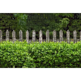   Táblás kerítésbe fűzhető fa kerítés és buxus kép 250x180 cm 19 cm-es szalagból műanyag belátásgátló szélfogó