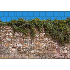   Táblás kerítésbe fűzhető sövény és terméskő fal kép 250x180 cm 19 cm-es szalagból műanyag belátásgátló szélfogó
