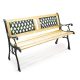 Garden bench with wrought iron lattice backrest and wooden seat with cast iron frame