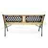 Garden bench with wrought iron lattice backrest and wooden seat with cast iron frame