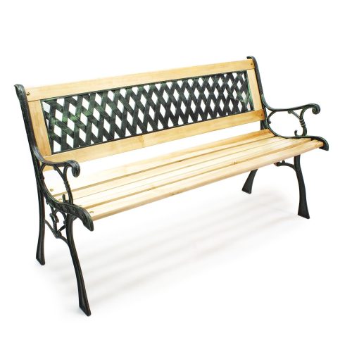 Garden bench with lattice backrest and wooden seat, wrought iron with iron frame, 122 cm wide