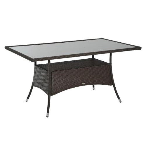 Polirattan kerti étkezőasztal biztonsági üveglappal 150x85x74 cm barna-fekete