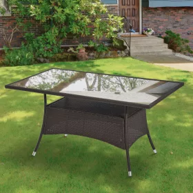   Polirattan kerti étkezőasztal biztonsági üveglappal 150x85x74 cm barna-fekete