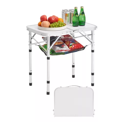Összecsukható kempingasztal 60x40 cm állítható magassággal hordozható piknik és grill asztal ezüst színben