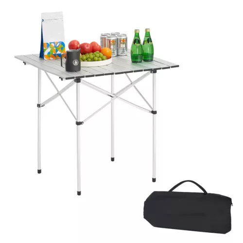 Összecsukható alumínium kempingasztal 70x70 cm hordozható piknik és grill asztal ezüst színben