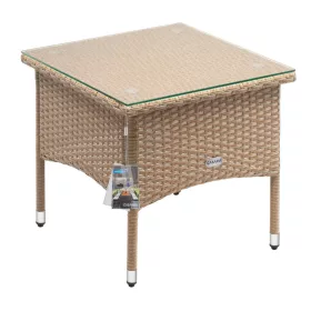   Polyrattan kerti dohányzóasztal 50x50x45 cm szürke-bézs, üveglappal