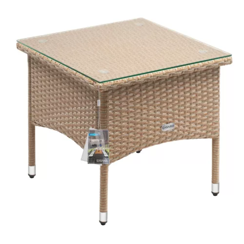 Polyrattan kerti dohányzóasztal 50x50x45 cm szürke-bézs, üveglappal