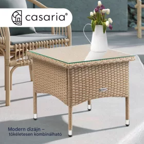   Polyrattan kerti dohányzóasztal 50x50x45 cm szürke-bézs, üveglappal