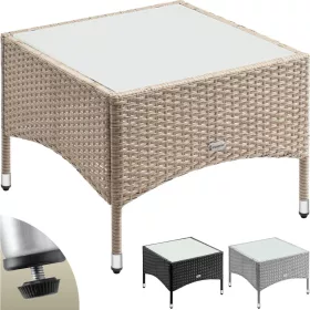   Polyrattan kerti dohányzóasztal 58x58x42 cm bézs, üveglappal