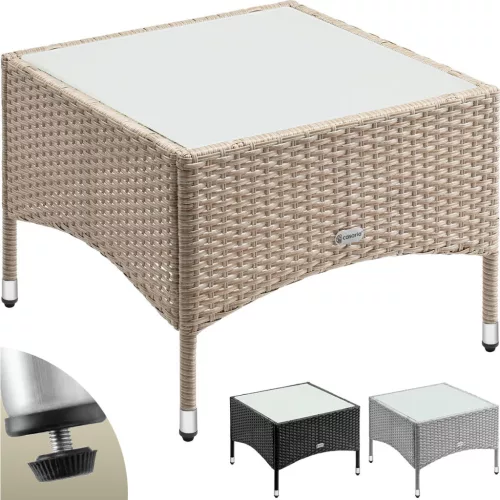 Polyrattan kerti dohányzóasztal 58x58x42 cm bézs, üveglappal