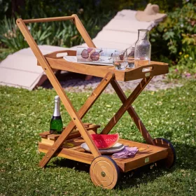   Akácfa kerti szervírozó kocsi kerekekkel kültéri fa kocsi, kerti tálalókocsi